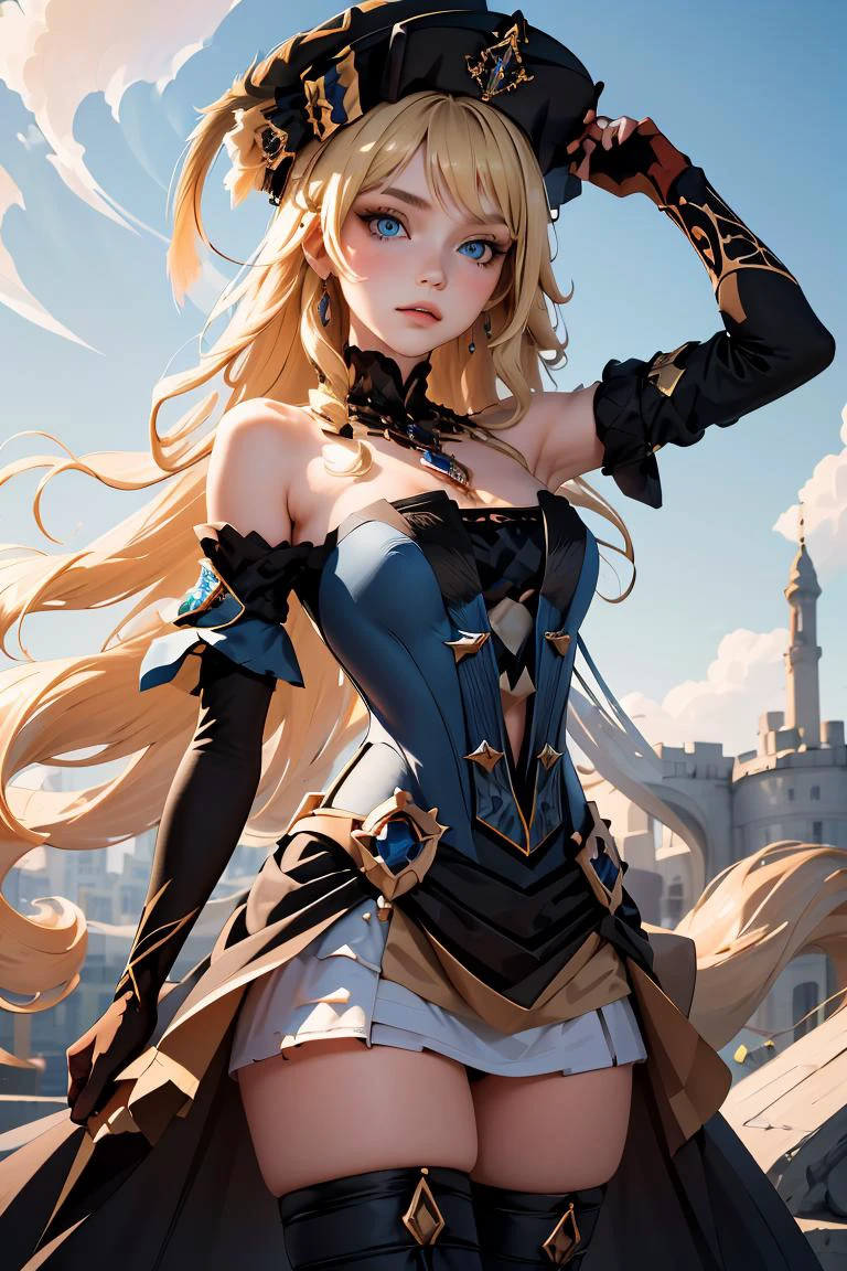 (masterpiece, best quality), 1girl, <lora:navia:1> ,navia,long hair,blonde hair,hat, witch hat,blue eyes,dress,bangs,black headwear,gloves,bare shoulders,flower,jewelry,thighhighs,black gloves,drill hair,detached sleeves,
