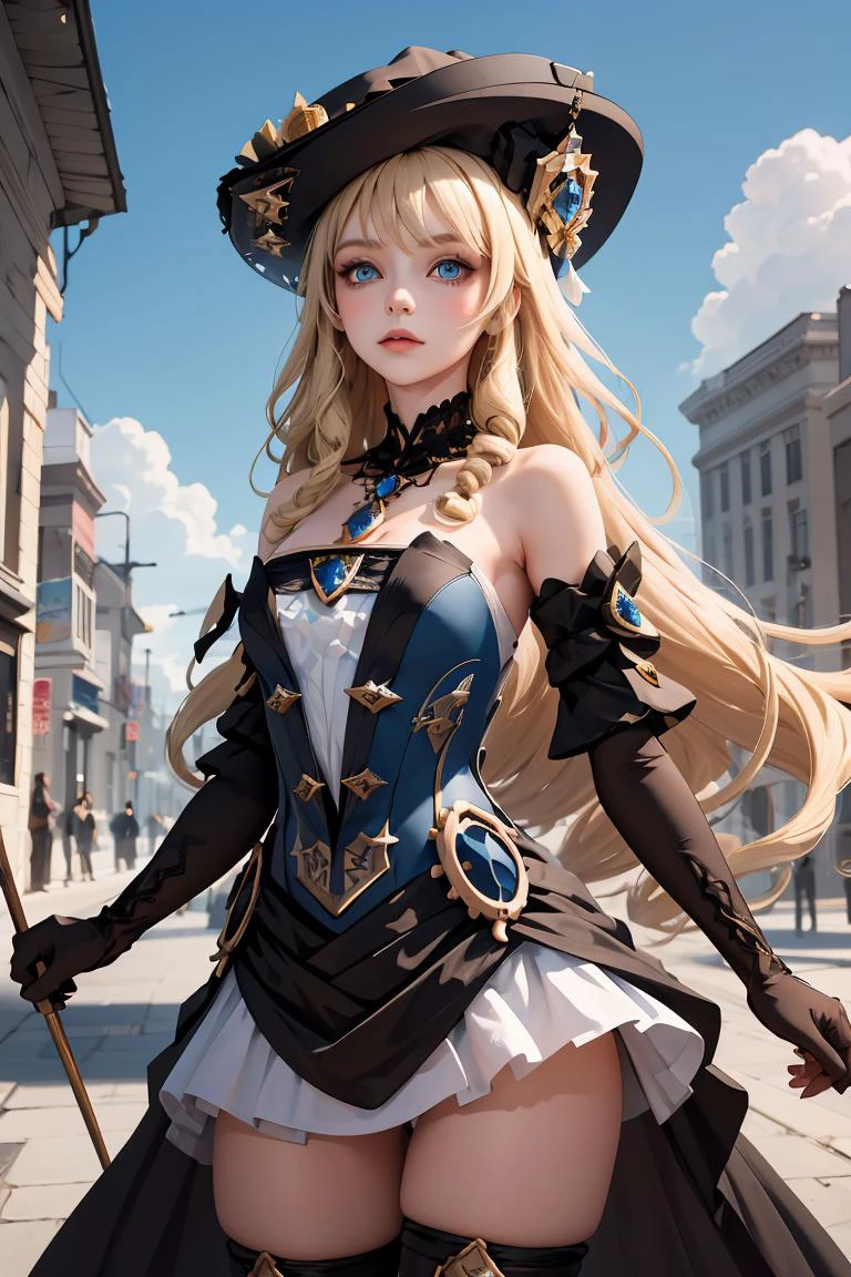 (masterpiece, best quality), 1girl, <lora:navia:1> ,navia,long hair,blonde hair,hat, witch hat,blue eyes,dress,bangs,black headwear,gloves,bare shoulders,flower,jewelry,thighhighs,black gloves,drill hair,detached sleeves,