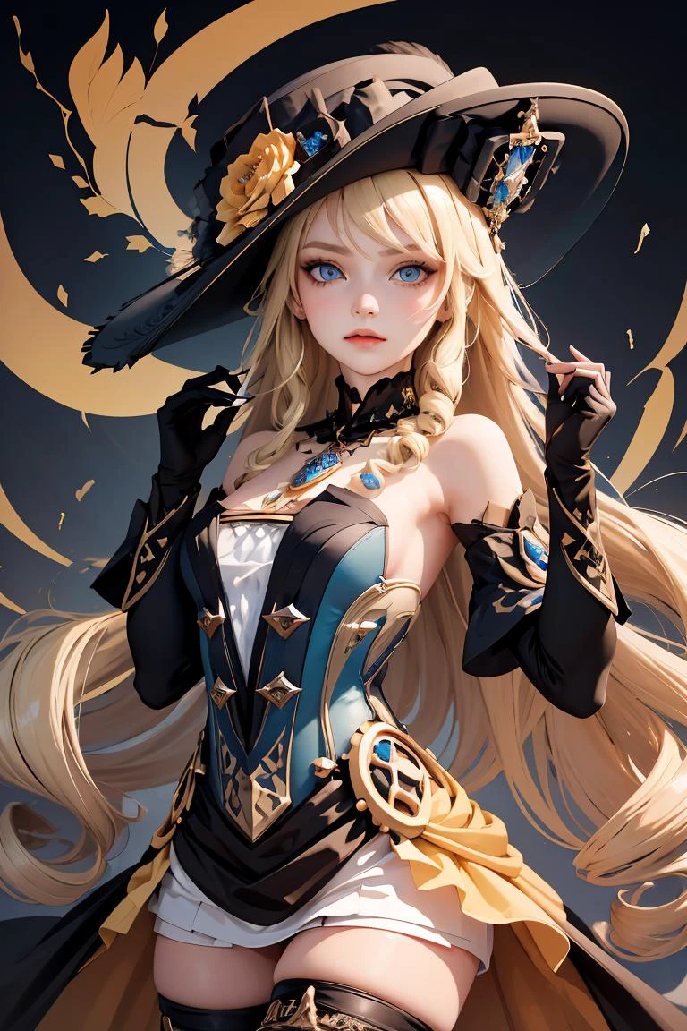 (masterpiece, best quality), 1girl, <lora:navia:1> ,navia,long hair,blonde hair,hat, witch hat,blue eyes,dress,bangs,black headwear,gloves,bare shoulders,flower,jewelry,thighhighs,black gloves,drill hair,detached sleeves,