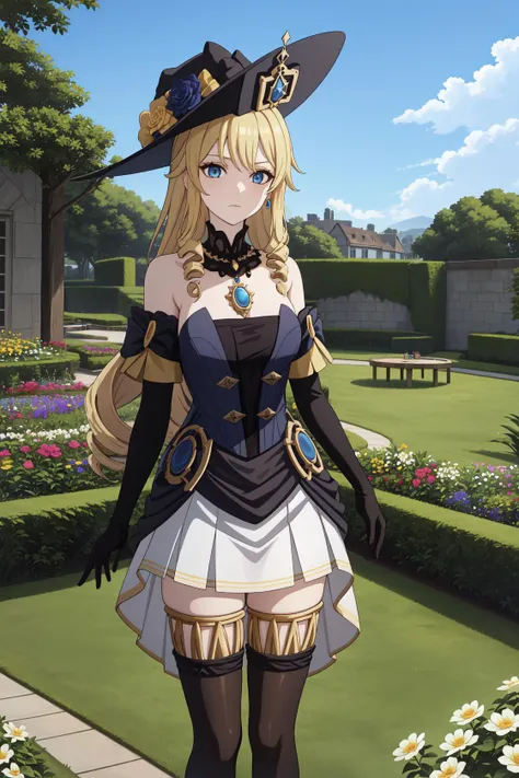 <lora:navia-000012:1>,navia,long hair,blonde hair,hat, witch hat,blue eyes,dress,bangs,black headwear,gloves,bare shoulders,flower,jewelry,thighhighs,black gloves,drill hair,detached sleeves,standing,garden,outdoors,, 1girl,
,  (masterpiece,best quality:1.2),absurdres