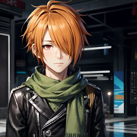 tsukumo kazuki\(side-m\), solo, 1boy, looking at viewer, male focus, orange hair, hair over one eye, red eyes, green scarf, (close up:1.4) <lora:Tsukumo_Kazuki_No_commercial_use_is_allowed_LoRA:0.6>