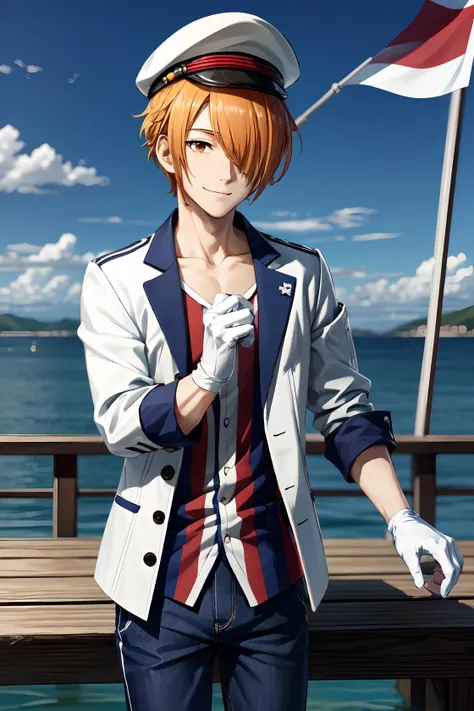 tsukumo kazuki\(side-m\), solo, 1boy, looking at viewer, male focus, orange hair, hair over one eye, smile, holding flag, red eyes, sailor hat, long sleeves, white jacket, fingerless gloves, open jacket, tricolour shirt, shirt, blue pants, upper body, white gloves, single glove, open jacket, striped, tricolour flag, on deck, sea, outdoor, blue sky<lora:Tsukumo_Kazuki_No_commercial_use_is_allowed_LoRA:0.5>
