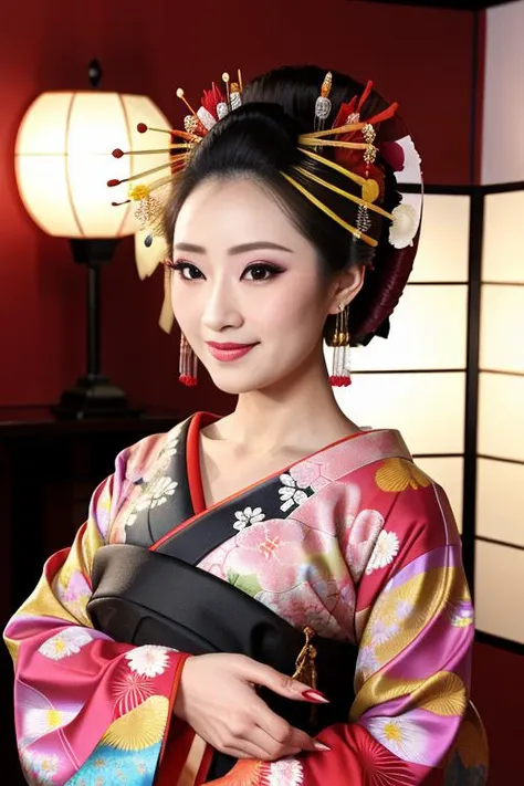 4K, Masterpiece, highres, absurdres,natural volumetric lighting and best shadows, smiling,deep depth of field,soft delicate beautiful attractive face, beautiful edgOiran_woman, a woman in a kimono posing for a picture ,perfect edgOiran_face,perfect edgOiran_body,edgOiran_makeup,edgOiran_hairstyle<lora:OiranbyEDG:0.65>