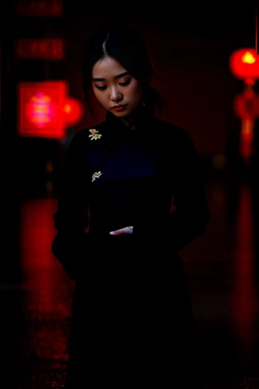 (A Chinese woman in a black cheongsam:1.2) and beautiful embroidery and (medium shot:1.15) and full body and detailed face and Chinese commercial street closed at night and 8k raw photos and (masterpiece and best quality and ultra-detailed) and (photorealistic:1.2) and (Realistic:1.2) and (night photography:1.2) and night and (dark lighting:0.6) and (heavy shadows:0.6) and dark and gloomy  and rainy day and detailed rain and wet floor <lora:sd-No.405v2-000002:1>