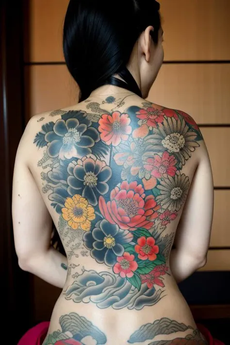 30 year old japanese woman and beautiful and masterpiece and best quality and TATTOO and IREZUMI and film grain