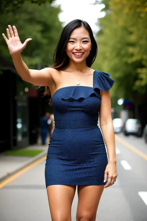 a beautiful woman waving to the camera and medium full shot