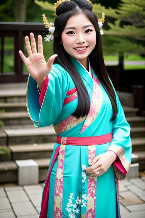 a beautiful asian woman waving to the camera and medium full shot and Hanfu