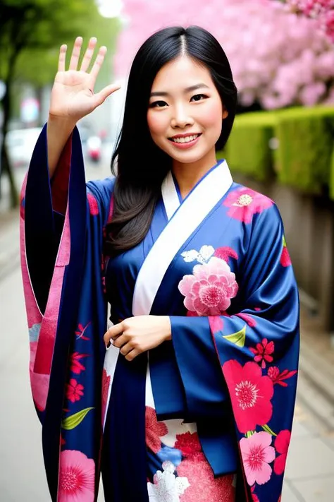 a beautiful asian woman waving to the camera and medium full shot and kimono