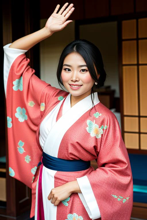 a beautiful asian woman waving to the camera and medium full shot and kimono