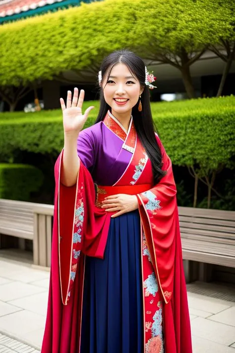 a beautiful asian woman waving to the camera and medium full shot and Hanfu