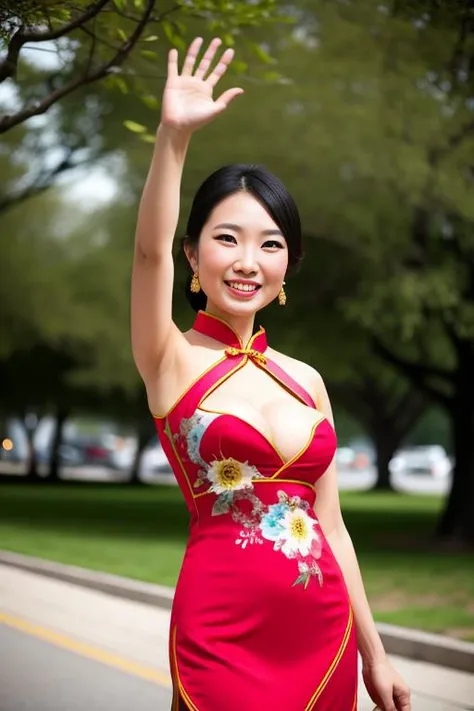 a beautiful asian woman waving to the camera and medium full shot and cleavage cheongsam