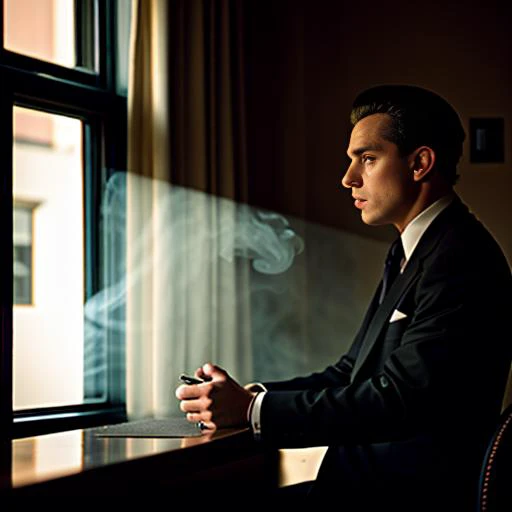 film noir in color, man sitting, smoky cafe, suave, shadows, hazy room, (movie still:0.2), film grain, dramatic lighting, cinematic, intriguing, extremely detailed, captivating, natural, stern face, detailed skin, brooding, dark and moody, thriller, dark, mysterious, dslr, unsplash, subtle, pen, detective