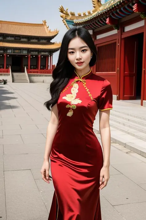 (photorealistic:1.4), real photo, 8K UHD,realistic light,Best quality, masterpiece, ultra high res, a beautiful Ulzzang, chinese woman , shiny skin best quality,,long hair , cruvy figure,( red cheongsam dress), background is Chinese temple , outdoor, sky , ,35mm film , artistic elements that showcase the girl's natural beauty and grace, <lora:FilmVelvia:0.65>,(photorealistic:1.2) and (Realistic:1.2) and Detailed skin texture and detailed skin pores