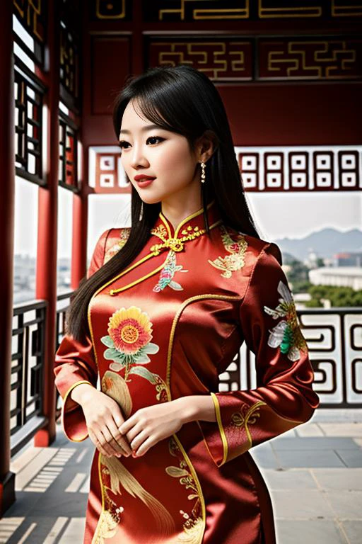 (photorealistic:1.4), real photo, 8K UHD,realistic light,Best quality, masterpiece, ultra high res, a beautiful Ulzzang, chinese woman , shiny skin, best quality,long hair , cruvy figure,(red cheongsam dress),Detailed beautiful embroidery,background is Chinese temple ,outdoor, sky,35mm film , artistic elements that showcase the girl's natural beauty and grace, <lora:FilmVelvia:0.85>,(photorealistic:1.2) and (Realistic:1.2) and Detailed skin texture and detailed skin pores