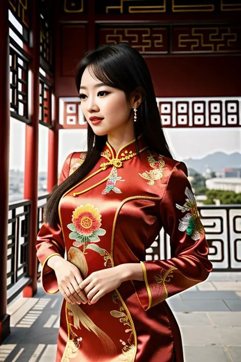 (photorealistic:1.4), real photo, 8K UHD,realistic light,Best quality, masterpiece, ultra high res, a beautiful Ulzzang, chinese woman , shiny skin, best quality,long hair , cruvy figure,(red cheongsam dress),Detailed beautiful embroidery,background is Chinese temple ,outdoor, sky,35mm film , artistic elements that showcase the girl's natural beauty and grace, <lora:FilmVelvia:0.85>,(photorealistic:1.2) and (Realistic:1.2) and Detailed skin texture and detailed skin pores