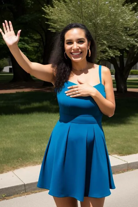 a beautiful woman waving to the camera and medium full shot
