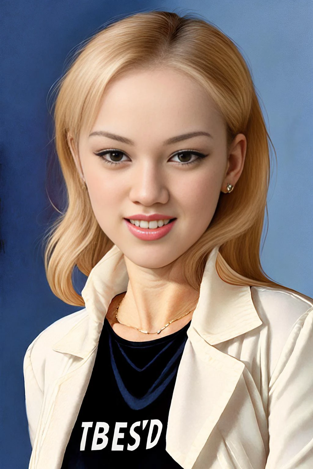 portrait photo of a blonde haired woman BrigitteLahaie wearing sweater and wearing tshirt and wearing jacket, sfw, (masterpiece, best quality:1.2), smiling,