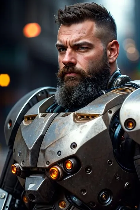 Portrait photo of muscular bearded guy in a worn mech suit, ((light bokeh)), intricate, (steel metal [rust]), elegant, sharp focus, photo by greg rutkowski, soft lighting, vibrant colors,((streets)), (detailed face),(masterpiece:1.2) and (best quality:1.2) and (photorealistic:1.4) and (Realistic:1.4) and Detailed Skin Textures and detailed skin pores