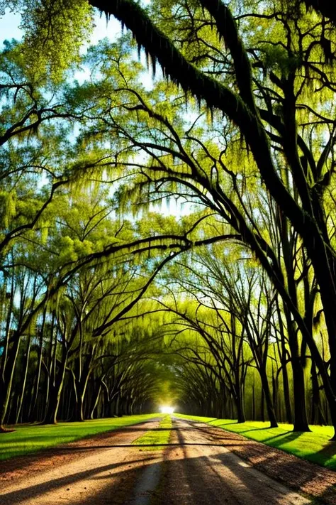 swamp,thick louisiana moss trees,willow,backlight,solarpunk,road,symmetrical,