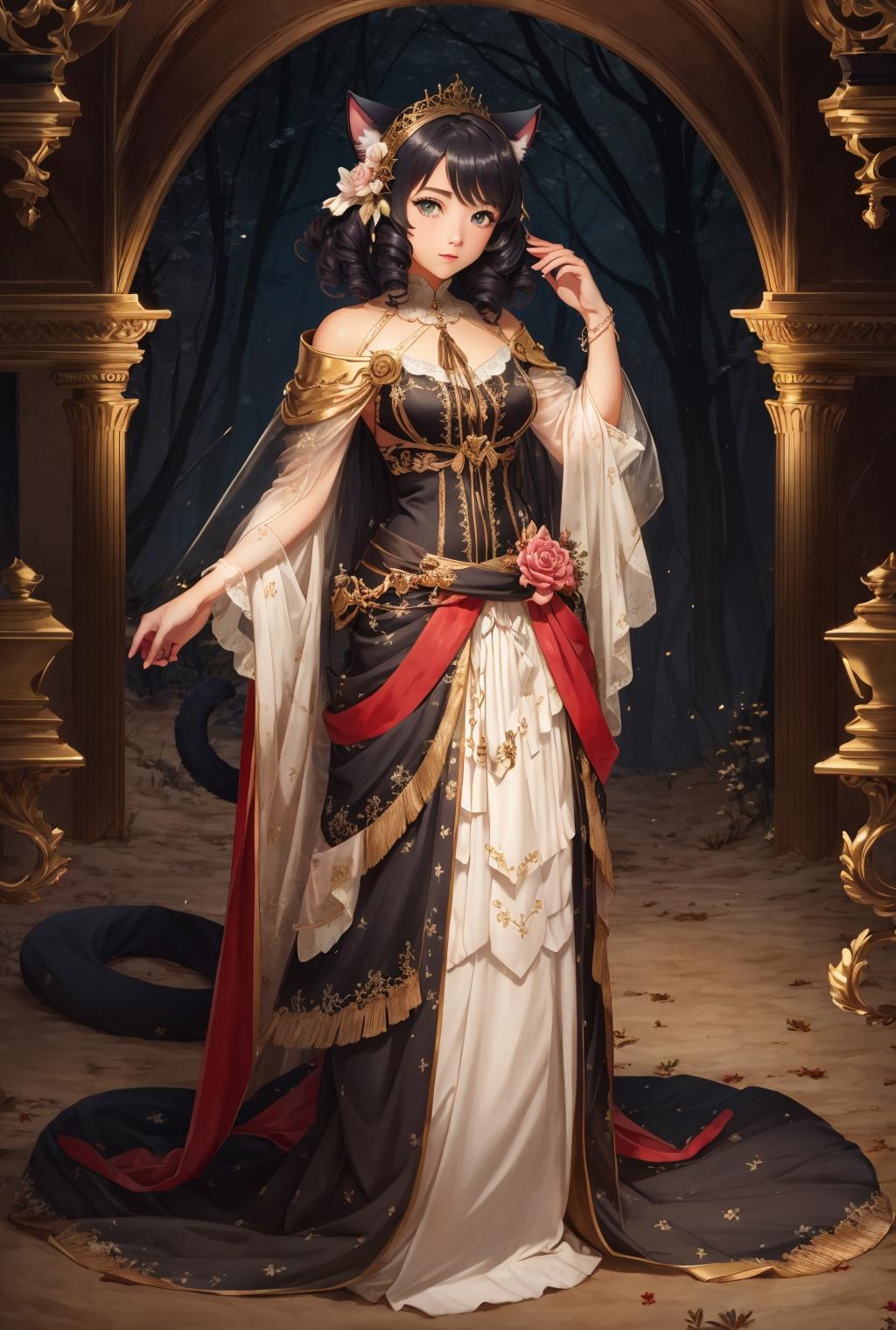 A woman in a dress and cat ears is posing for a picture - SeaArt AI
