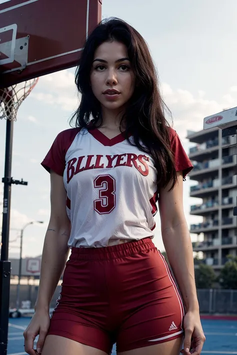 tintype photo of BellaBrookz, (wearing basketball uniform, basketball court:1.3), cityscape, upper body, soft lighting, eye level, <lora:BellaBrookz:1>