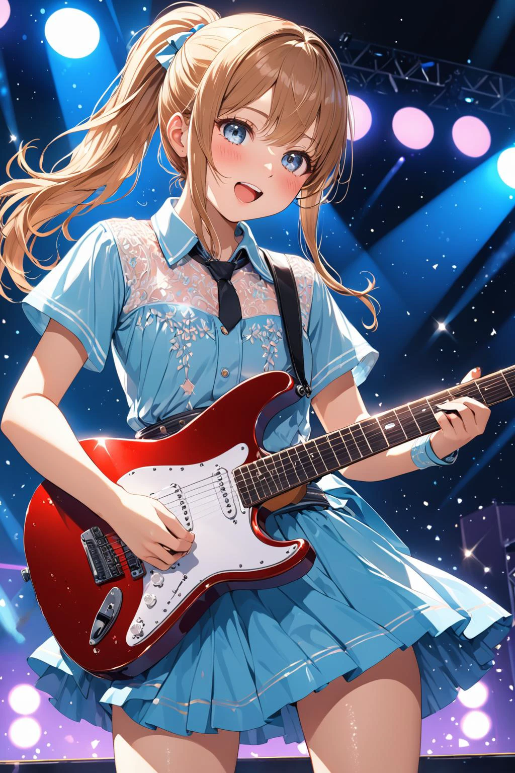 ((masterpiece, best quality, highres, ultra detailed)), 16K, 8K, intricate details, cinematic lighting, Electric guitar,(straight guitar neck:1),insert output cable, girl's face, shining sweat, full body, 1girl, , Idol, sing, cheerful, ponytail, blush, cute face, extremely detailed, intricate, very deep eyes, perfect lighting, Detailed Illustration, wallpaper, background,(live stage), <lora:aesthetic_anime_v1s:0.7> <lora:OrientalBeauty_MIX:0.2>