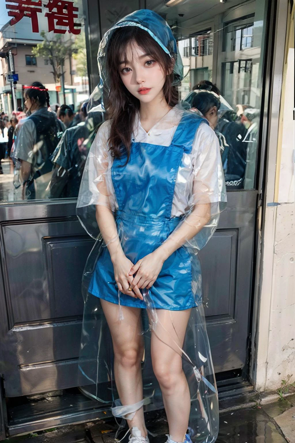 1girl with cute face and black hair ponytail, standing, slender, wearing white shirt, pinafore, (blue uniform:1.2), tie, white shoes, waiting outside of 711, <lora:transparent raincoat2-000008:0.9> (transparent raincoat, transparent hood, hood up:1.2) <lora:msu3-000008:0.8> best quality, masterpiece, ultra high res, (photorealistic:1.4), raw photo <lora:asianGirlsFace_v1:0.3> <lora:OrientalBeauty_2_1:0.3> <lora:add_detail:0.5> <lora:FilmG4:0.3>