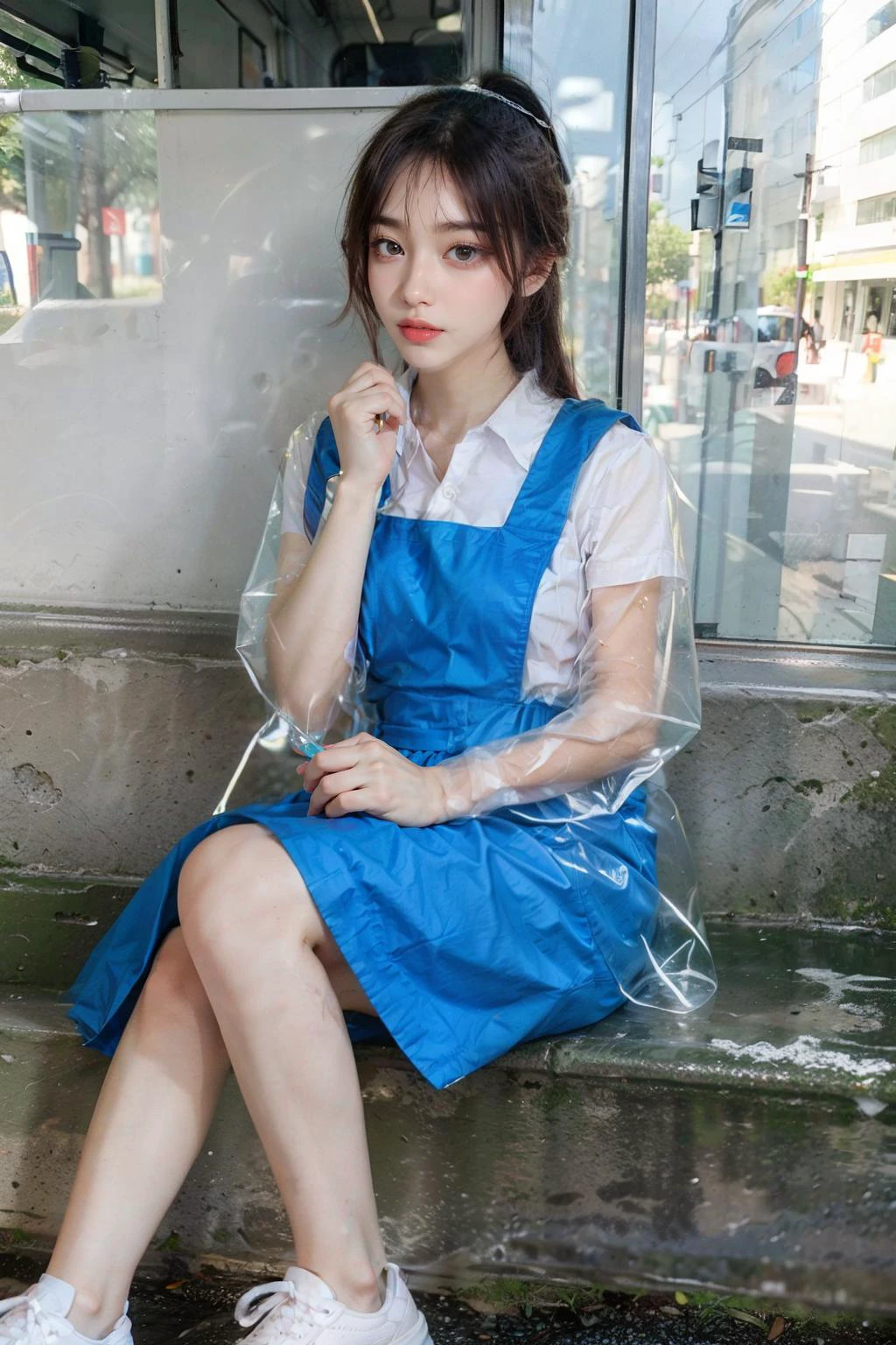 1girl with cute face and black hair ponytail, standing, slender, wearing white shirt, pinafore, (blue uniform:1.2), tie, white shoes, sitting on a bench at the bus stop, holding a bread, <lora:transparent raincoat2-000008:0.9> (transparent raincoat, hood down:1.2) <lora:msu3-000008:0.8> best quality, masterpiece, ultra high res, (photorealistic:1.4), raw photo <lora:asianGirlsFace_v1:0.3> <lora:OrientalBeauty_2_1:0.3> <lora:add_detail:0.5> <lora:FilmG4:0.3>