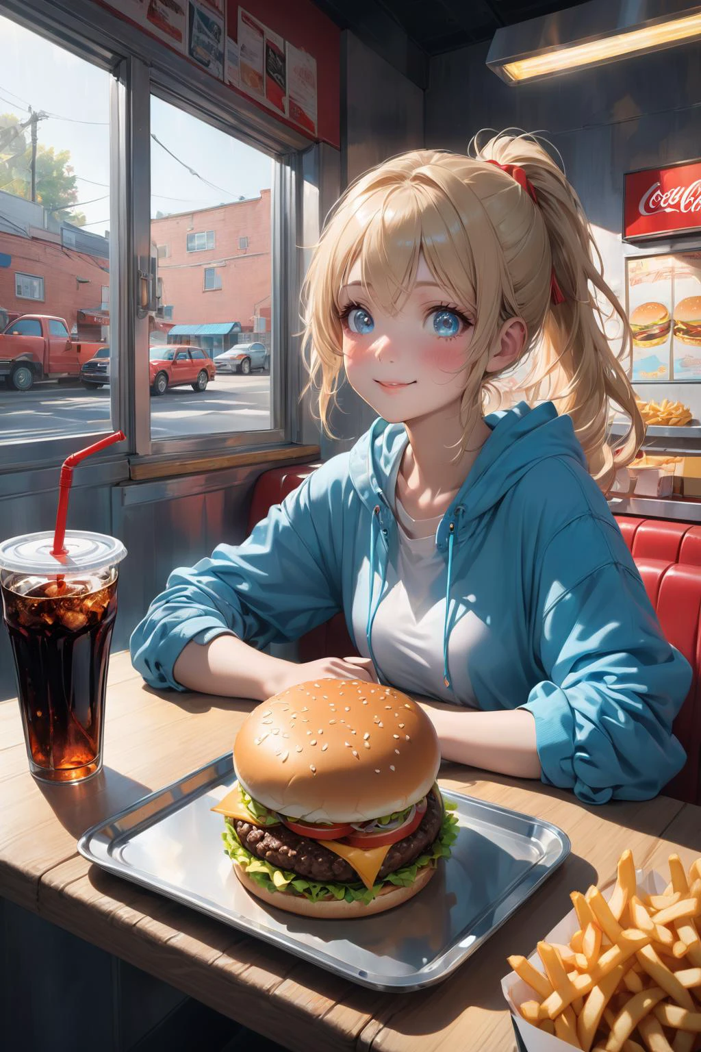 best quality, masterpiece, high resolution photo, ultra detailed, 16K, 8K, intricate details, photorealistic, (cinematic lighting:1.6),
1girl, cheerful, ponytail, blush, perfect face, cute face, Blonde, very deep eyes, blue eyes, pail skin, 5 fingers on hand, White T-shirt and zip-up light blue hoodie, hands are on the table, Put the hamburger and fries on the same tray, (1cola),
background,(Hamburger shop seating), don't put things near the window, don't break the wall, <lora:OrientalBeauty_MIX:0.8> <lora:aesthetic_anime_v1s:1.4>