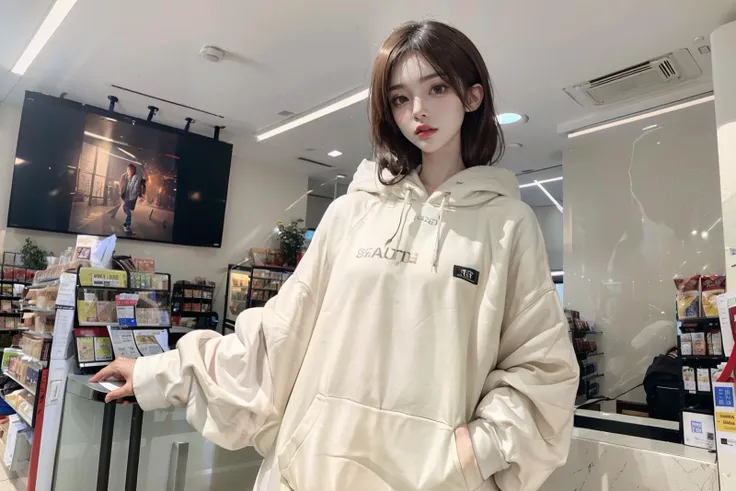 1girl with cute face, slender, long legs, large breasts, wearing oversized_hoodie_e, (hoodie:1.2), inside konbini, convenience store, cashier, (masterpiece, best quality, incredible detail, perfect lighting, ultra high skin detail:1.2), <lora:asianGirlsFace_v1:0.3> <lora:Oriental_Beauty_2:0.3> <lora:Konbini_V4:0.8> <lora:oversized_hoodie_e_v1.0:0.8>