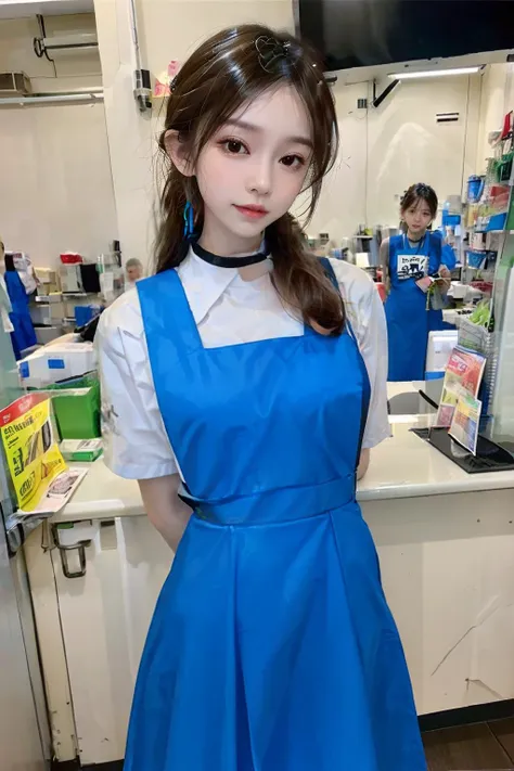 1girl with cute face, (wearing blue uniform, white shirt, blue pinafore dress, collar, leashed, chained:1.2), arms behind back, konbini, cashier, shop, indoors, convenience store, (masterpiece, best quality, incredible detail, perfect lighting, ultra high skin detail:1.2), <lora:asianGirlsFace_v1:0.3> <lora:Oriental_Beauty_2:0.3> <lora:Konbini_V4:1.0> <lora:OnALeash-v2:0.8> <lora:msu3:0.7>