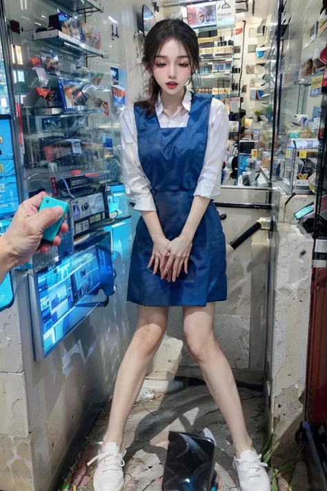 1girl with cute face, eyes closed, mouth open, orgasm face, slender, (wearing blue uniform, white shirt, blue pinafore, white shoes:1.2), standing, bend forward, inside convenience store, konbini, cashier, shop, indoors, (holding remote controller, remote control:1.5), (masterpiece, best quality, incredible detail, perfect lighting, ultra high skin detail:1.2), <lora:asianGirlsFace_v1:0.3> <lora:Oriental_Beauty_2:0.3> <lora:Konbini_V4:1.0> <lora:msu3:0.8> <lora:remocon_1_MID5_ResizeDIM32:1.0>