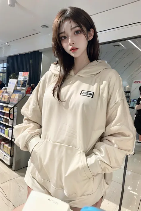 1girl with cute face, slender, long legs, large breasts, wearing oversized_hoodie_e, (hoodie:1.2), inside konbini, convenience store, cashier, (masterpiece, best quality, incredible detail, perfect lighting, ultra high skin detail:1.2), <lora:asianGirlsFace_v1:0.3> <lora:Oriental_Beauty_2:0.3> <lora:Konbini_V4:1.0> <lora:oversized_hoodie_e_v1.0:0.8>