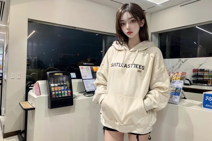 1girl with cute face, slender, long legs, large breasts, wearing oversized_hoodie_e, (hoodie:1.2), inside konbini, convenience store, cashier, (masterpiece, best quality, incredible detail, perfect lighting, ultra high skin detail:1.2), <lora:asianGirlsFace_v1:0.3> <lora:Oriental_Beauty_2:0.3> <lora:Konbini_V4:0.8> <lora:oversized_hoodie_e_v1.0:0.8>