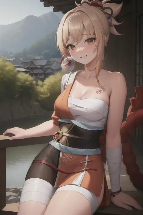 1 Girl、8K、Sharp focus、(Bokeh) (Highest quality) (Detailed skin:1.3) (Intricate details) (anime)、(short hair:1.2, Ponytail:1.2, Blonde), Asymmetrical bangs、18-year-old、(Please put your hands on your hips)、chest、Slim figure、bikini、A pareo skirt with bold ethnic patterns and plenty of primary colors、Realistic Skin、Shiny skin, Sunburned skin、Cowboy Shot、Side body、smile、smile、Park in the background、Soft lighting