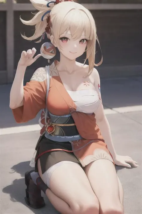 1 girl, absurdres, arm tattoo, bandages, bangs, blonde hair, smiling, yoimiya's clothes, red clothes, kimono, medium breasts, blush, full body, bandage in legs, highres, red socks over knee in one leg and below knee in other, 4k, unreal engine 5 <lora:yoimiya_v10:1>, 4k, fine detail, ultra high resolution, detailed face, delicate eyes, gradient eyes, gradient hair, light tracing, real skin, beautiful skin,