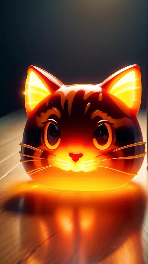 (masterpiece, best quality:1.1), (clear candy:1.1), 3d, food, gummy, tangerine theme, no humans, animal, (cat:1.1), fur, glowing