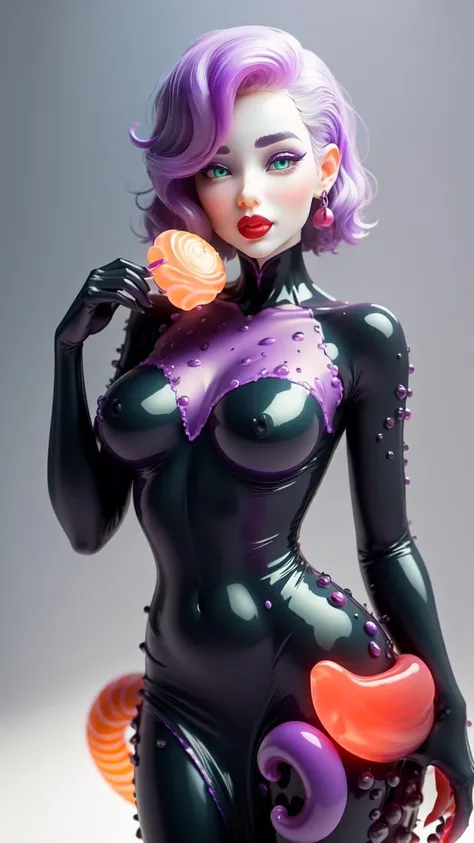(masterpiece, best quality:1.1), (clear candy:1.1), 3d, food, gummy, periwinkle theme, (1girl, solo:1.05), (ursula:1.1), plump, from disney's the little mermaid, (mature female:1.1), purple and black, white hair, gray skin, dress, tentacles, short hair, red lips, teal eyeshadow, hair over eyes