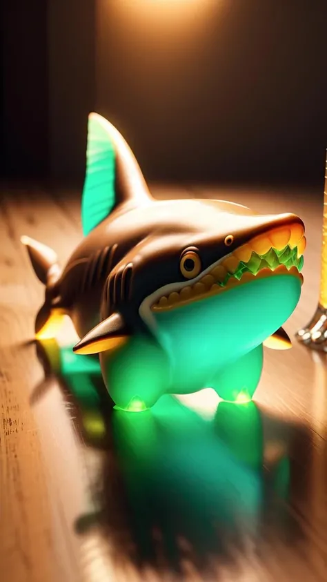 (masterpiece, best quality:1.1), (clear candy:1.1), 3d, food, gummy, beige brown theme, shark, no humans, animal, glowing
