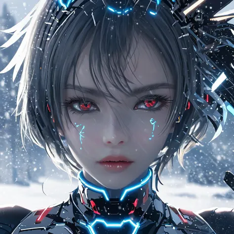 (masterpiece, best quality, ultra high res, photorealistic, realistic, raw photo, real person, photograph), (amazing, finely detail, an extremely delicate and beautiful,oncept art), intricate detail, professional, official art, Soft focus filters, 1girl, cute, pretty, ice and snow world, solo, skinny, wind, full body, beautiful face, mecha, decorated with complex patterns and exquisite lines, themes such as dreamy and death, horror \(theme\), bright red eyes, Cyberpunk, luminous, bright and brave, <lora:koreandolllikeness_xl:0.85> <lora:guidao_juggernautXL:0.8>