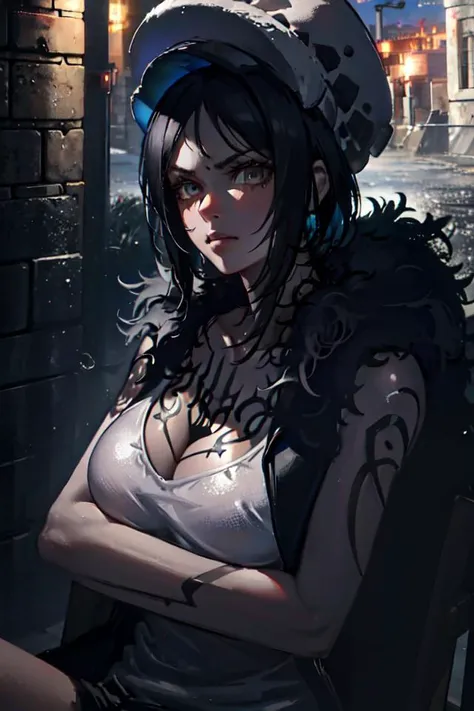 A GIRL, sitting, hat,tattoo<lora:FemLaw:0.8>