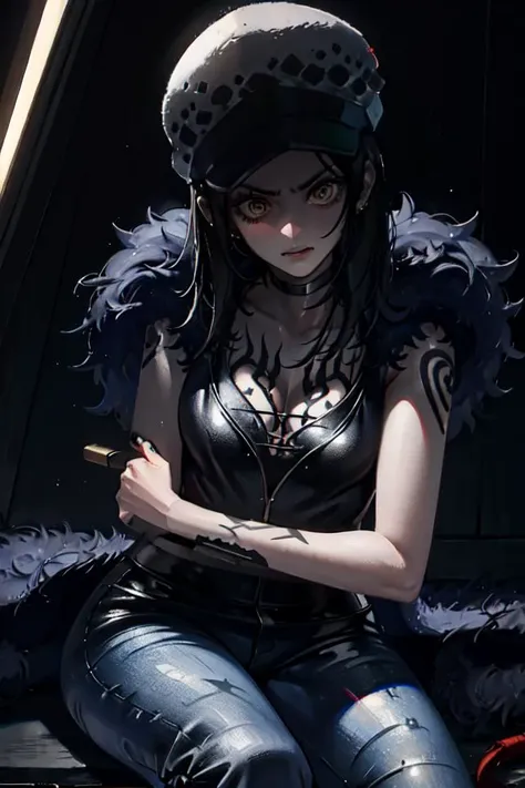 A GIRL, sitting, hat,tattoo<lora:FemLaw:0.8>