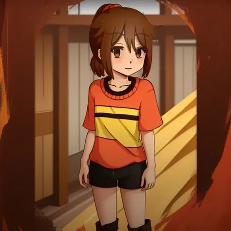 (masterpiece), best quality, high quality, high resolution, (1girl:1.3), (solo:1.3), <lora:Ichika:1>, Ichika, brown hair, black shorts, brown eyes, red shirt