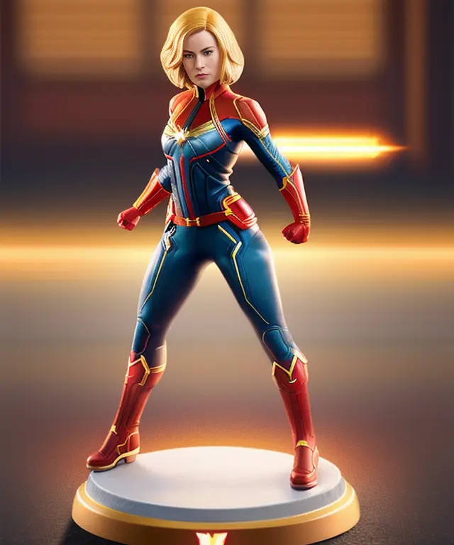 figrne, photo of captain marvel, short blonde hair, dynamic pose, action pose, on a base, depth of field, flawless, RAW, (((plain background))), high detail, insane detail <lora:figrne_v2std:1>