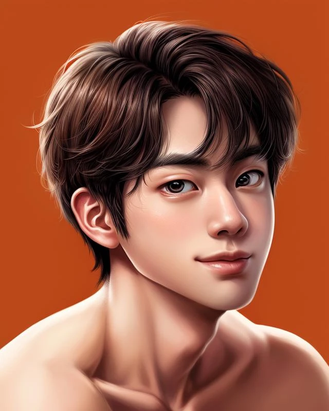 (jinbts:1.1), handsome korean man, closeup portrait, upper body, pixar style, smirk, sharp focus, absurdres, masterpiece, clean plain orange background, (topless:1.1), dynamic pose, (profile:0.6), mature male <lora:add_detail:1> <lora:diffusiondudes_BTS_Jin_V1-12:1>