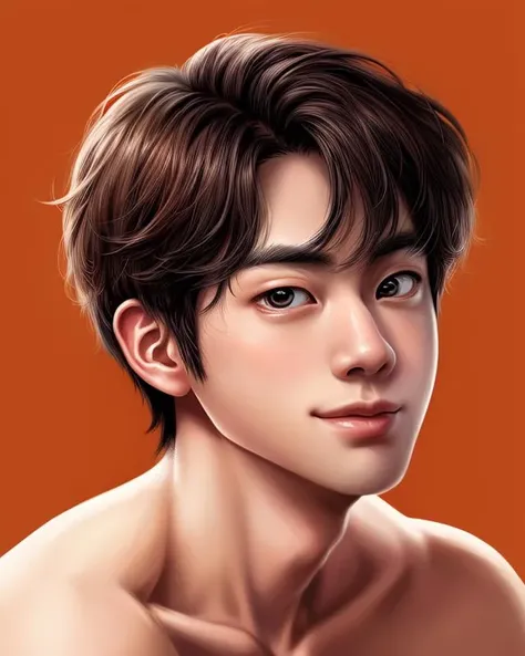 (jinbts:1.1), handsome korean man, closeup portrait, upper body, pixar style, smirk, sharp focus, absurdres, masterpiece, clean plain orange background, (topless:1.1), dynamic pose, (profile:0.6), mature male <lora:add_detail:1>  <lora:diffusiondudes_BTS_Jin_V1-12:1>