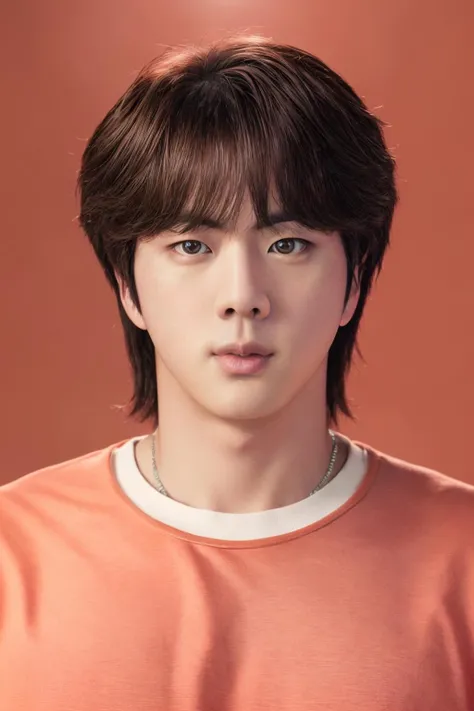 jimbts, handsome man in front of (clean plain coral background:1.1), one model, studio portrait, medium close-up, detailed skin, pores, goosebumps, scaled skin, sony alpha, advertising photography, bright high-key lighting, professional headshot, (plain t-shirt:1.1), smirk <lora:diffusiondudes_BTS_Jin_V1-12:0.9>