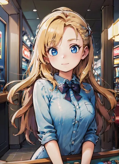((best quality)), ((highly detailed)), masterpiece, absurdres, (detailed eyes, deep eyes), (1girl), upper body, schoolgirl, (inside, at a casino), <lora:HarvestV2:.9>