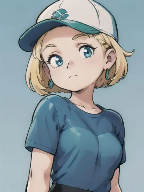 (best quality, masterpiece, illustration:1.1),  1girl, aqua eyes, baseball cap, blonde hair, closed mouth, earrings, green background, hat, hoop earrings, jewelry, looking at viewer, shirt, short hair, simple background, solo, upper body, yellow shirt, <lora:HarvestStyleBeta:0.8>