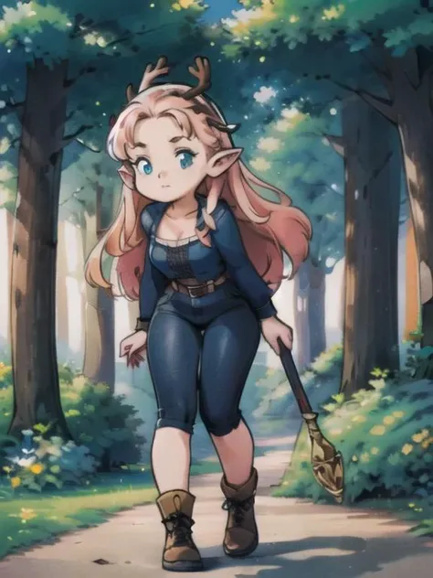 (best quality, masterpiece, illustration:1.1), woman in a forest holding a staff, kingdom of elves, young woman with antlers, on forest path,  <lora:HarvestBeta:0.9>,